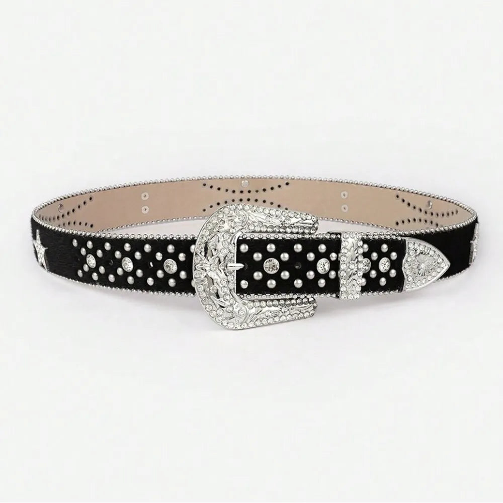 PU Leather Inlaid Rhinestone Belt - Fashorio