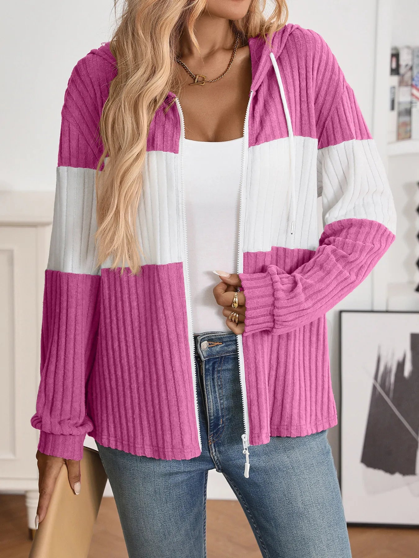 Drawstring Color Block Zip Up Outerwear - Fashorio