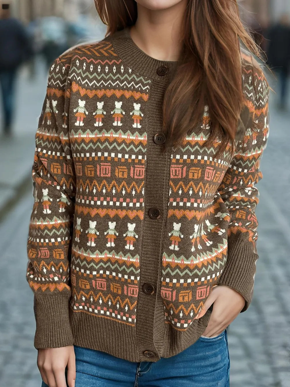 Graphic Button Down Long Sleeve Cardigan - Fashorio