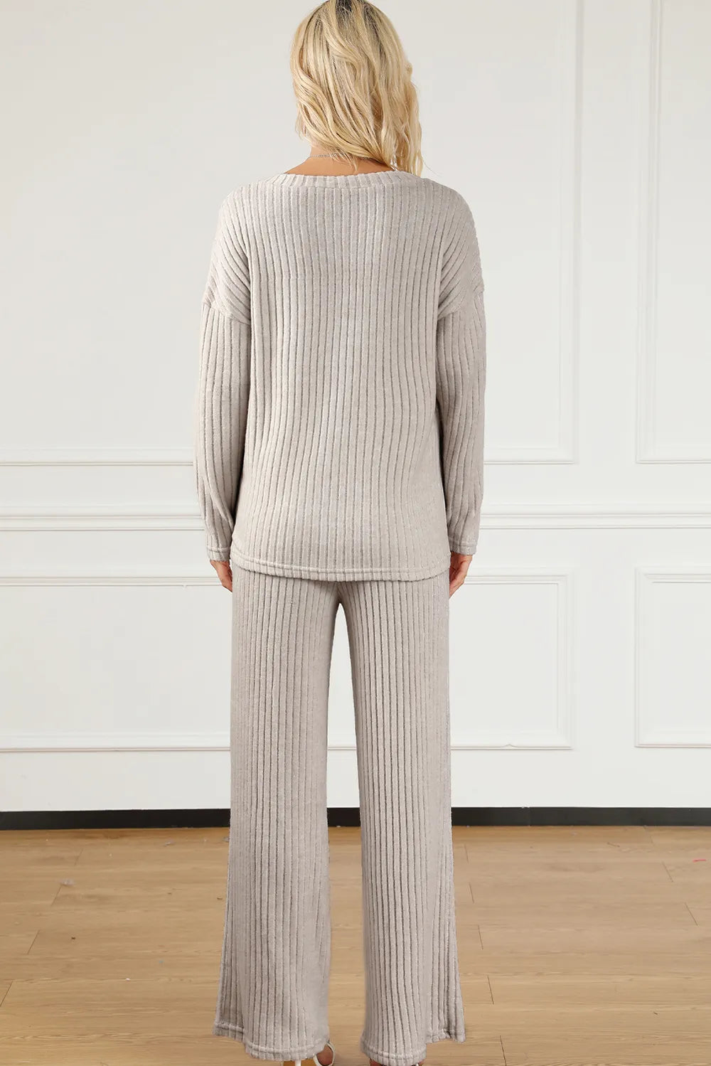 Ribbed V-Neck Top and Pants Lounge Set - Fashorio