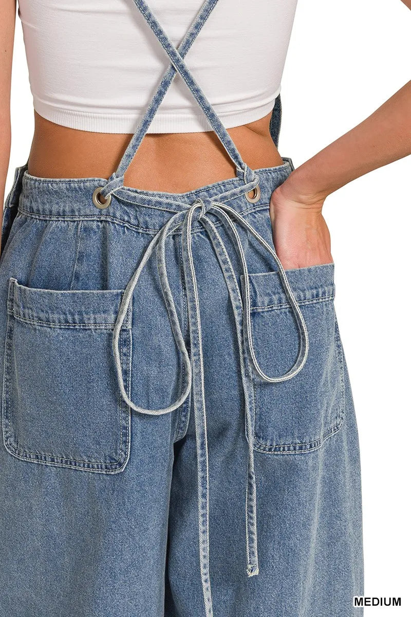 Zenana Denim Medium Washed Wide Leg Overalls - Fashorio