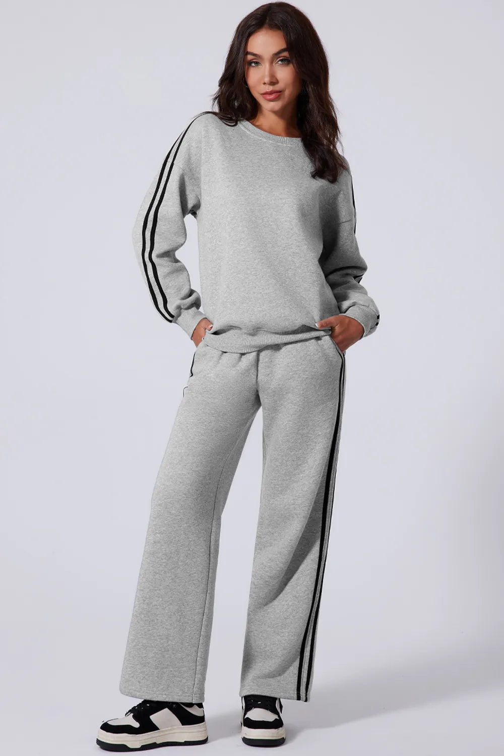 Side Striped Round Neck Top and Pants Active Set - Fashorio