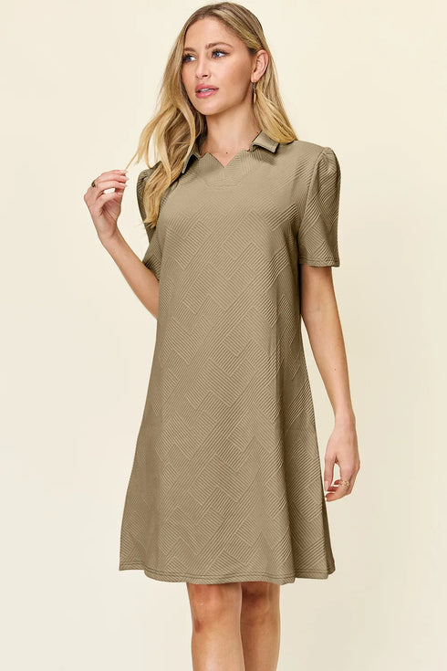 Double Take Full Size Texture Collared Neck Short Sleeve Dress Khaki - Fashorio
