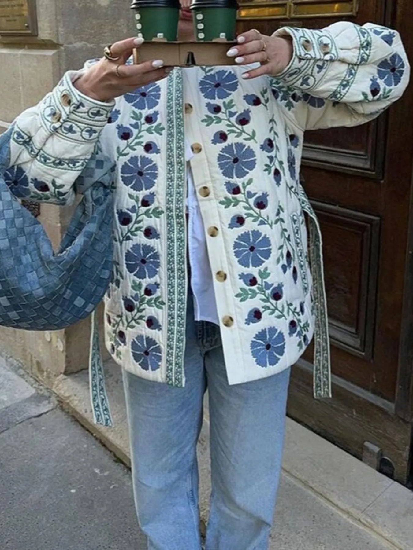 Printed Button Down Long Sleeve Winter Coat - Fashorio
