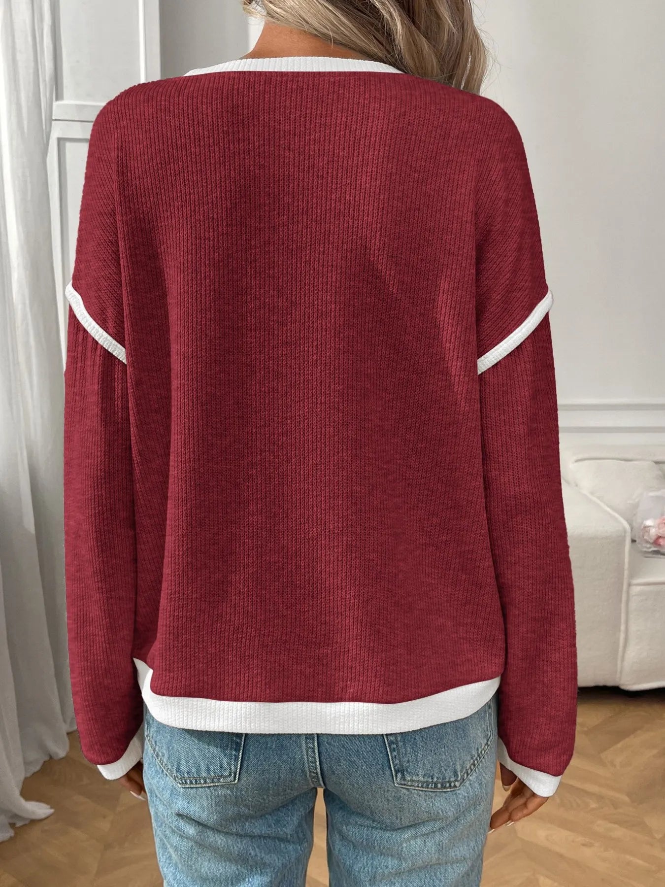Ribbed Contrast Trim Long Sleeve Top - Fashorio