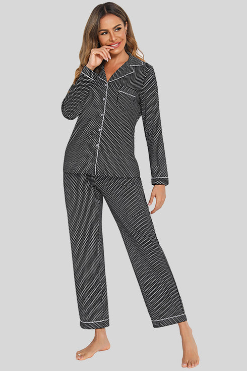 Collared Neck Loungewear Set with Pocket Black - Fashorio