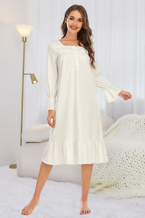 Flounce Sleeve Ruffle Hem Night Dress White - Fashorio