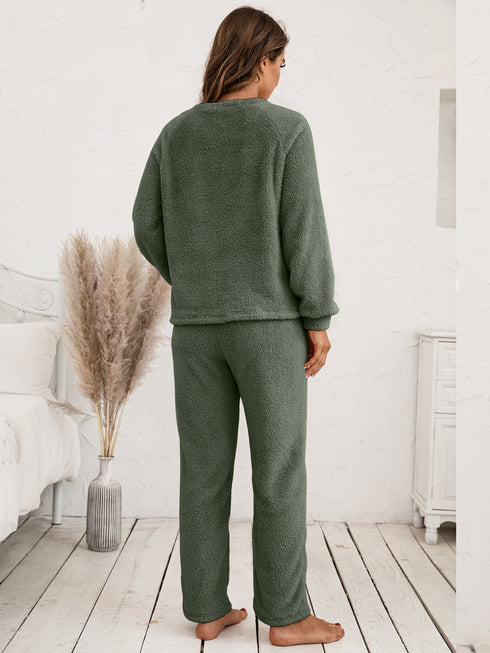 Ivy Lane Teddy Long Sleeve Top and Pants Lounge Set - Fashorio