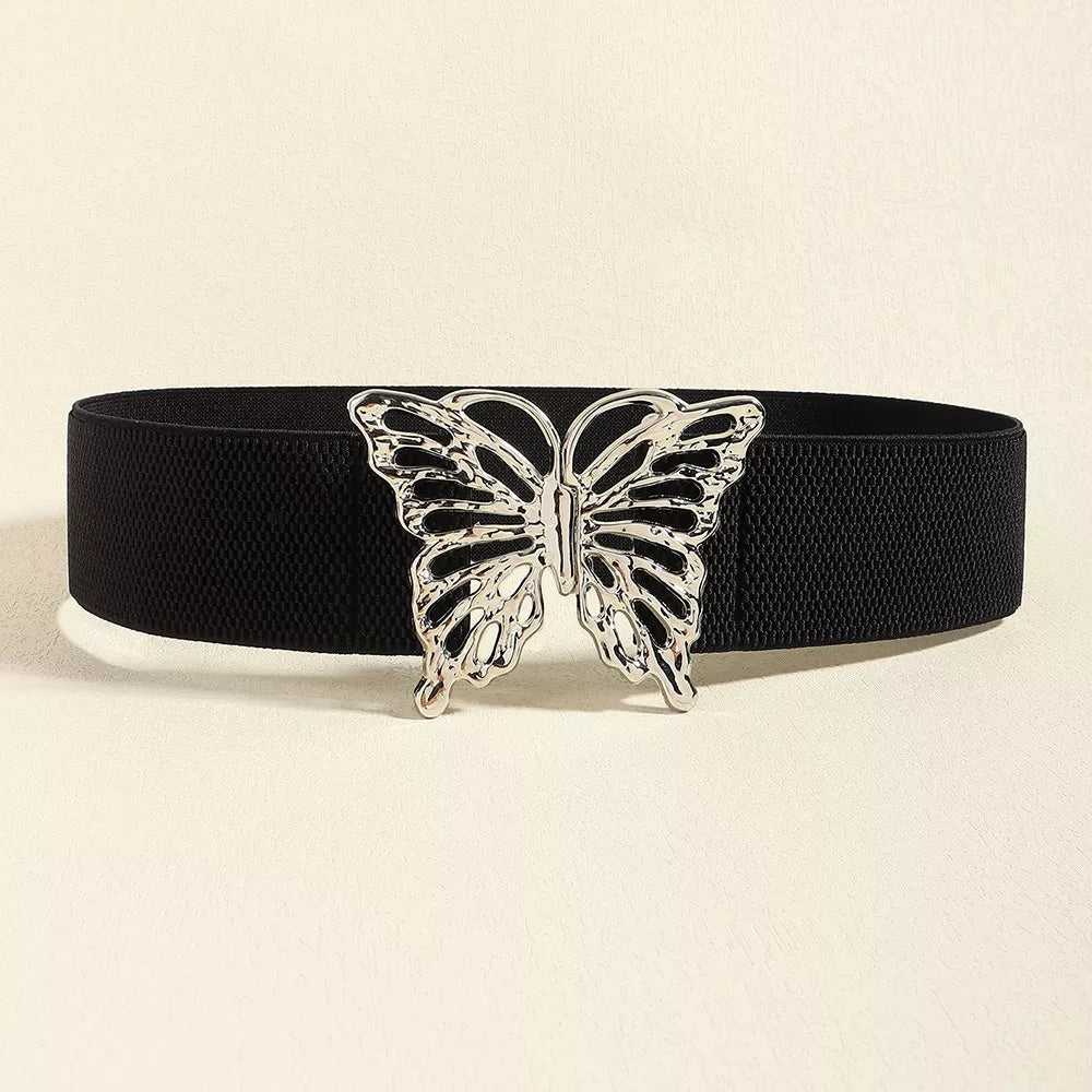 Butterfly Alloy Buckle Elastic Belt Black One Size - Fashorio