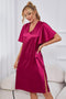 Satin Flutter Sleeve Side Slit V-Neck Night Dress Vivid Cerise - Fashorio