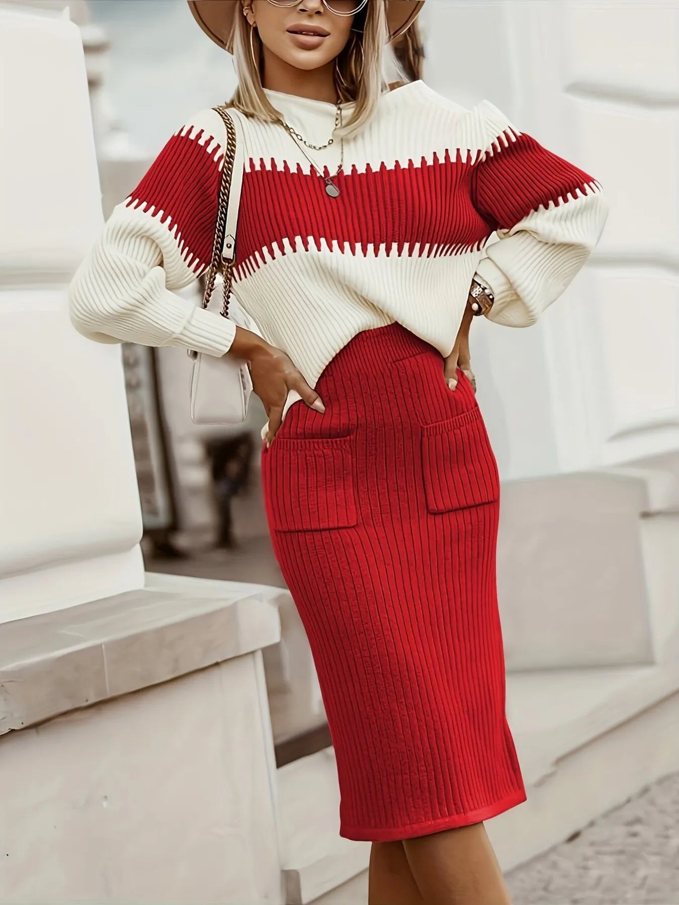 Two-Tone Ribbed Knit Top and Skirt Sweater Set - Fashorio