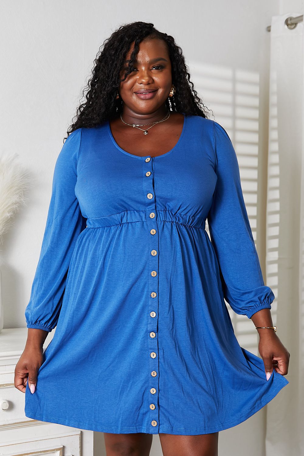 Double Take Scoop Neck Empire Waist Long Sleeve Magic Dress Royal Blue - Fashorio