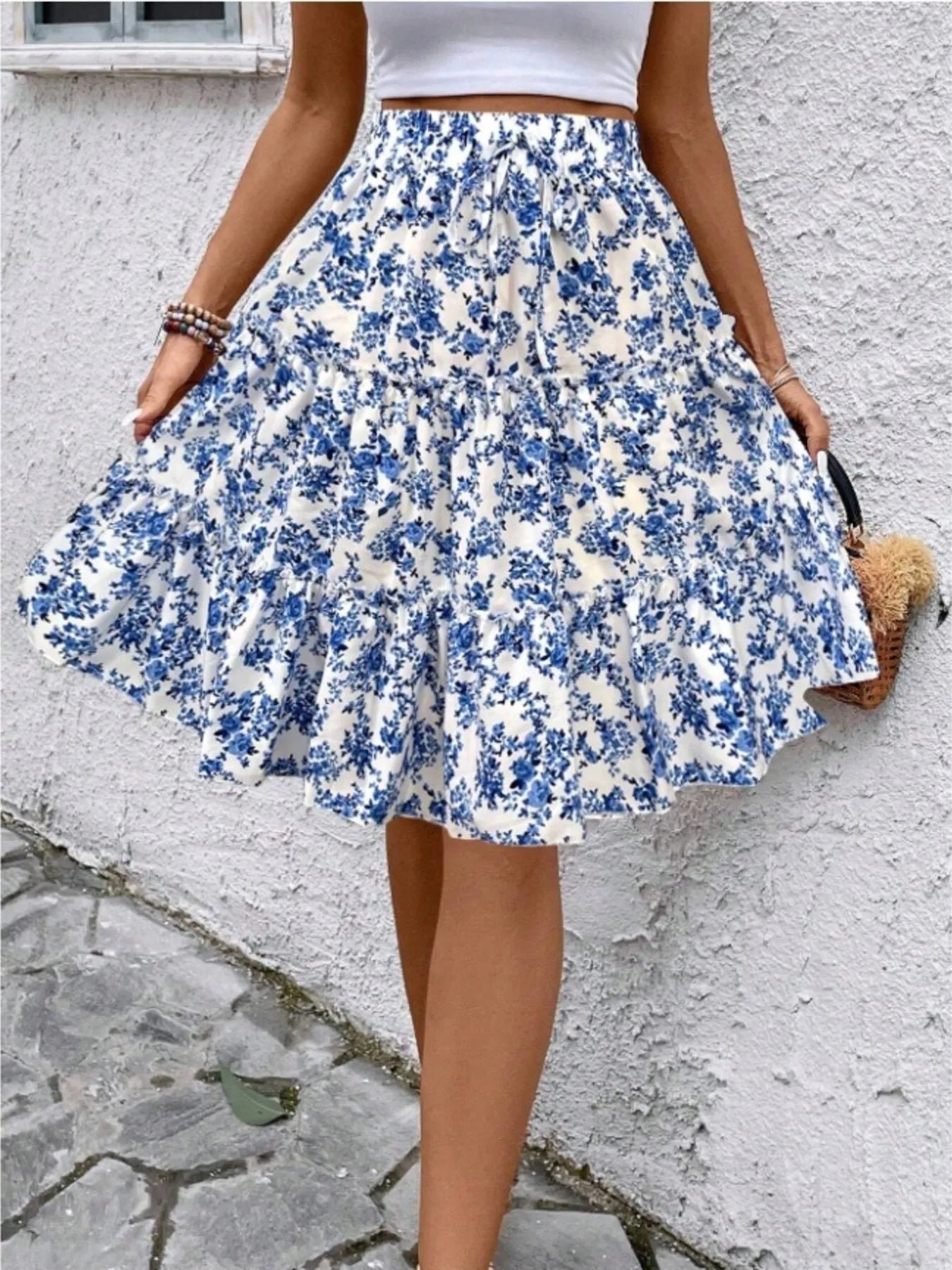 Floral Print Midi Skirt Sky Blue - Fashorio