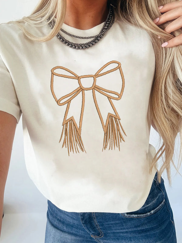 Bowknot Western Round Neck T Shirt White - Fashorio