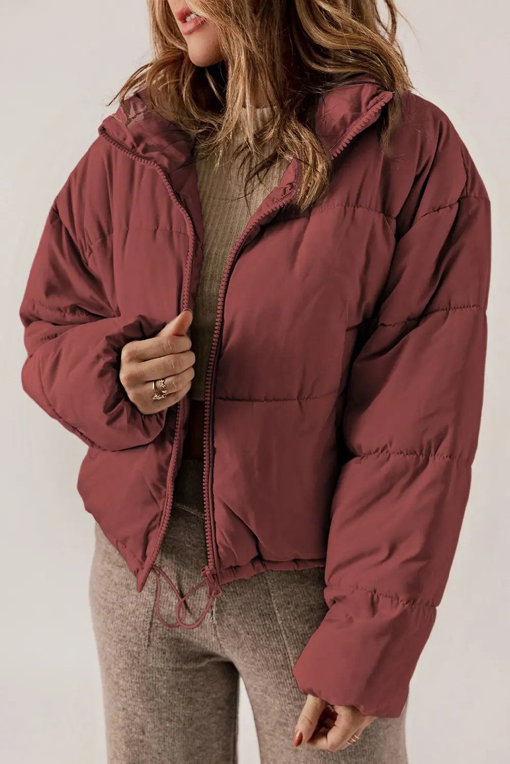 Zip Up Collared Neck Long Sleeve Winter Coat - Fashorio