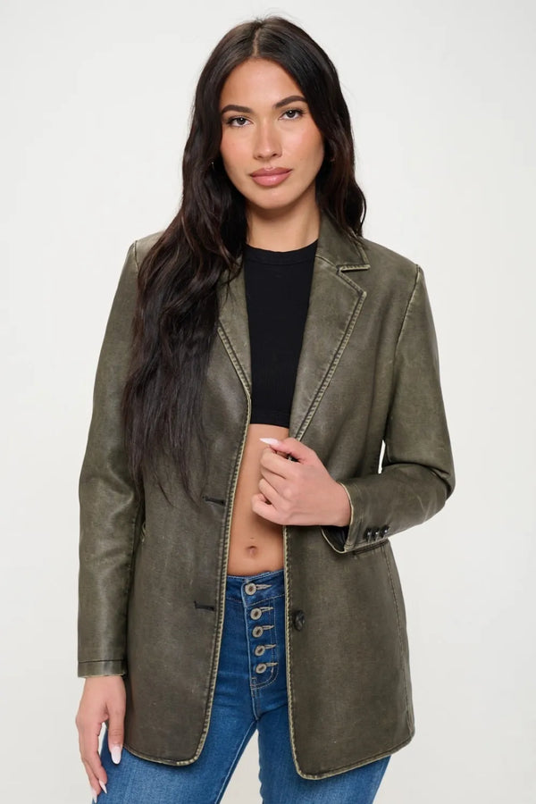 Coalition LA Single-Breasted Vegan Leather Blazer Olive Brown - Fashorio