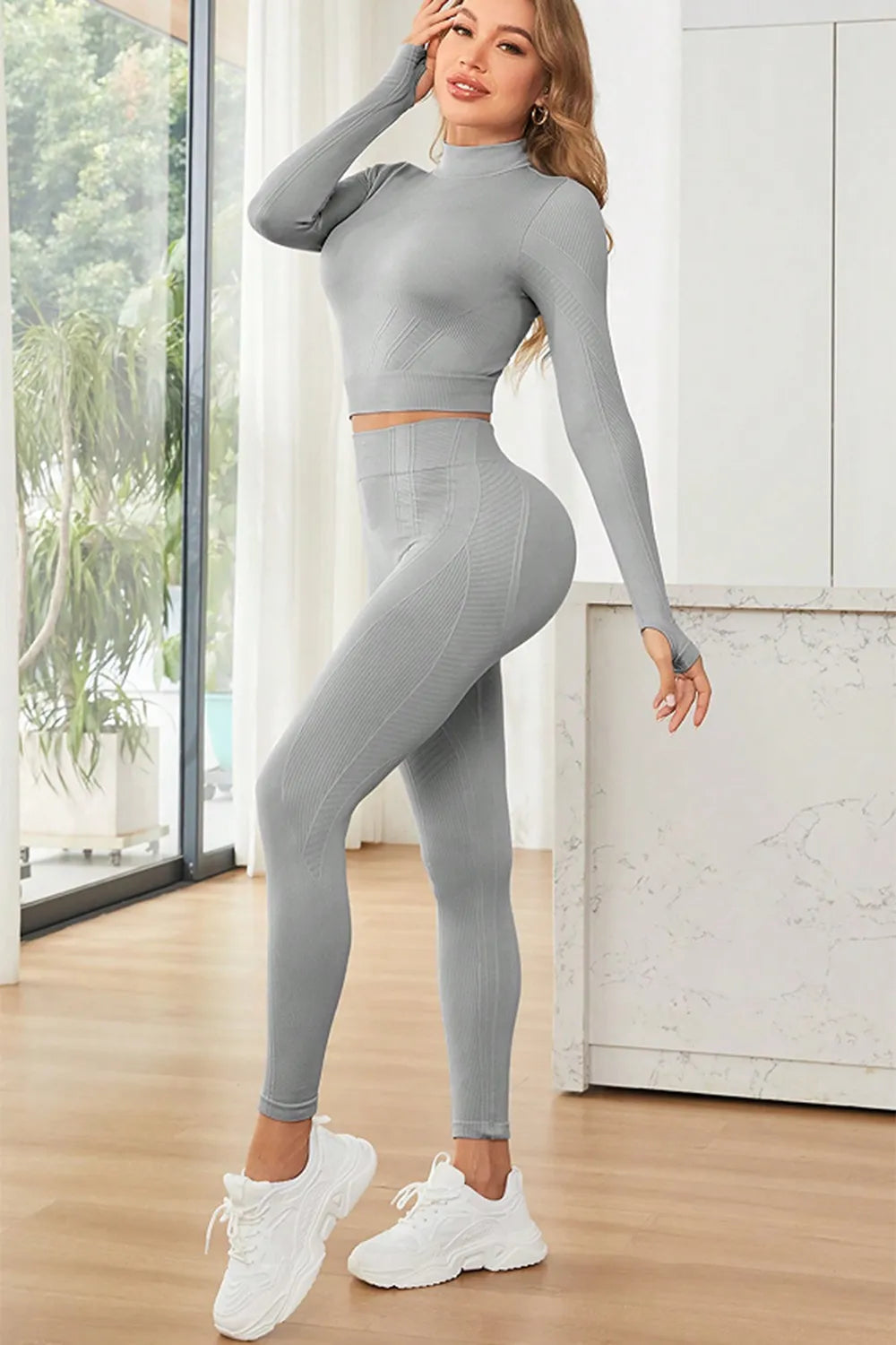 Mock Neck Long Sleeve Top and Leggings Active Set - Fashorio