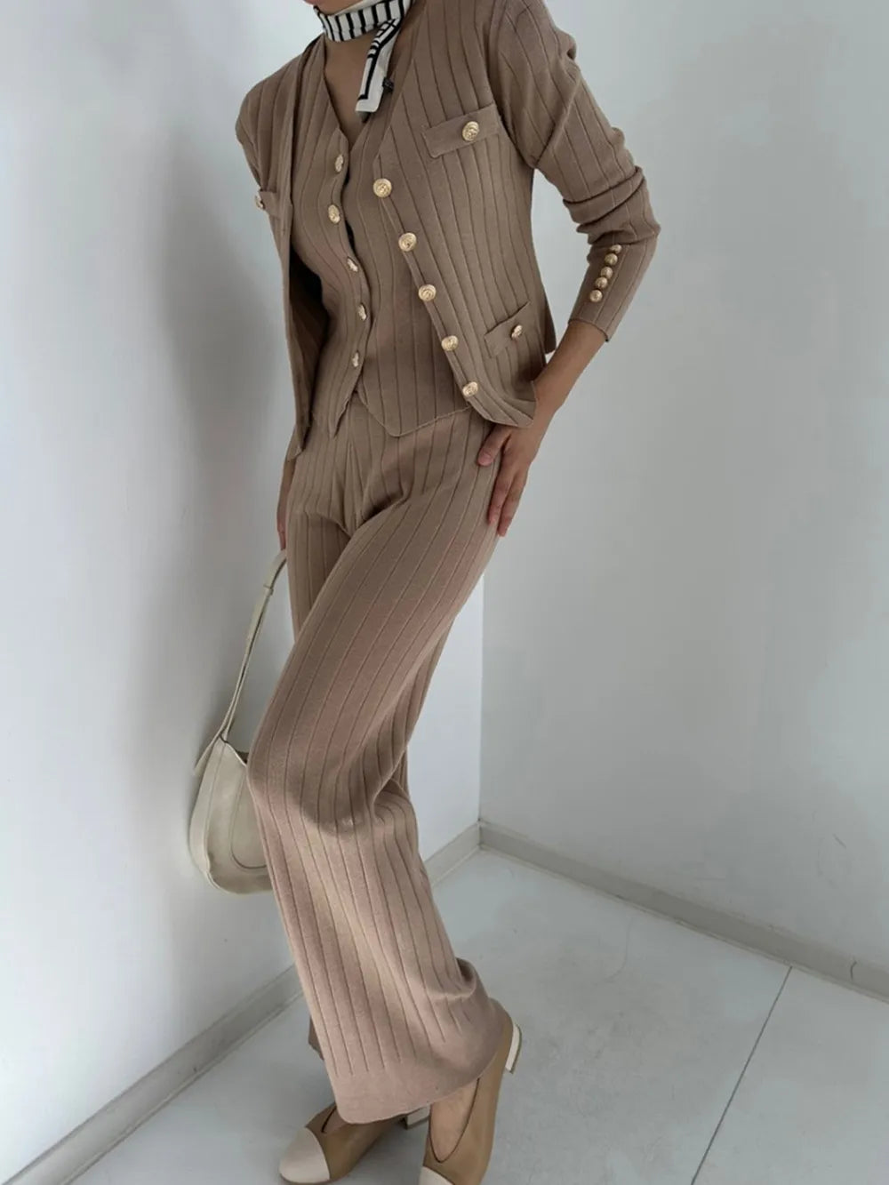 V-Neck Tank, Cardigan and Pants Three-Piece Sweater Set - Fashorio