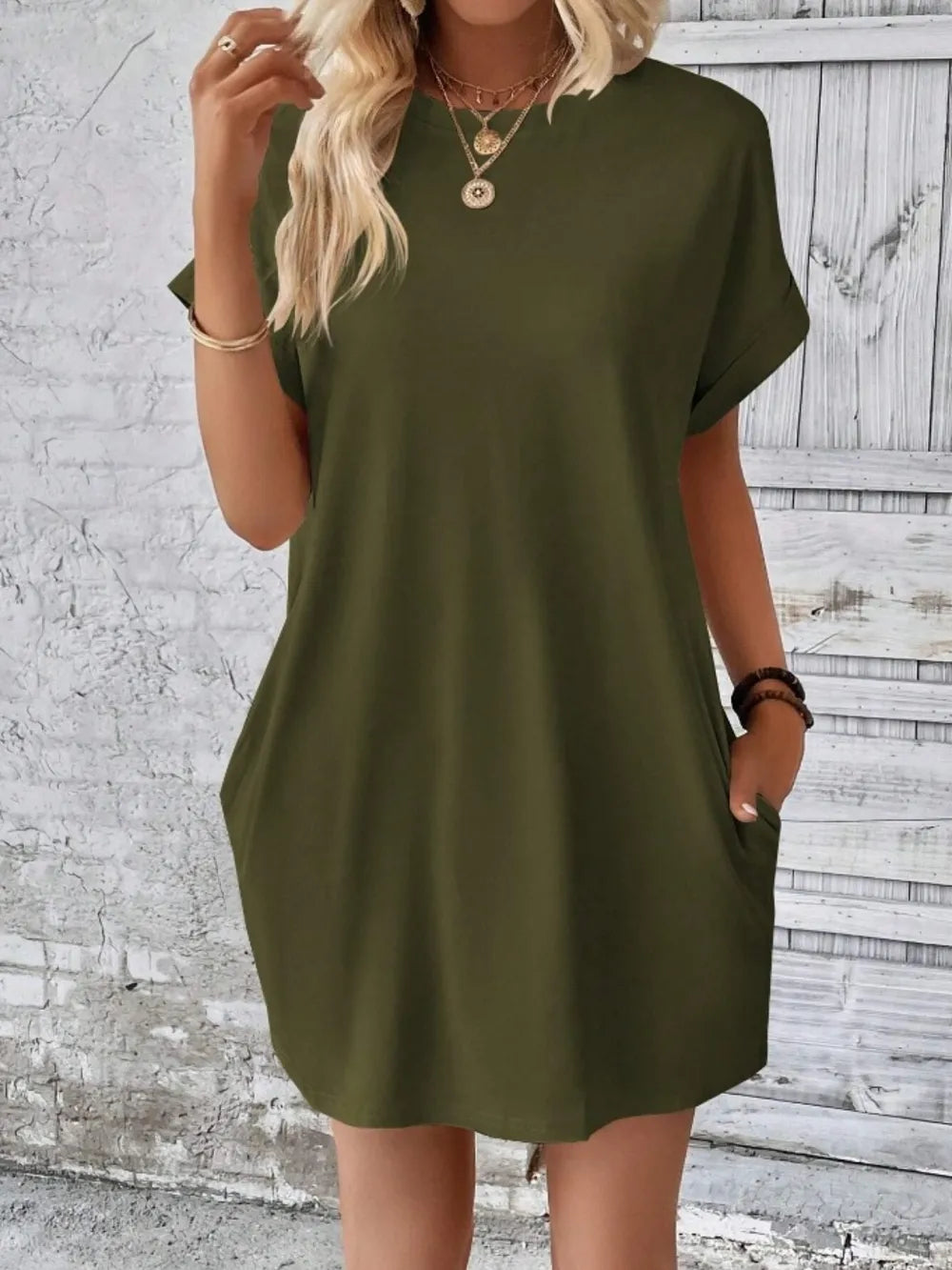 Casual Pocketed Short Sleeve Dress – Relaxed Everyday Comfort Army green - Fashorio