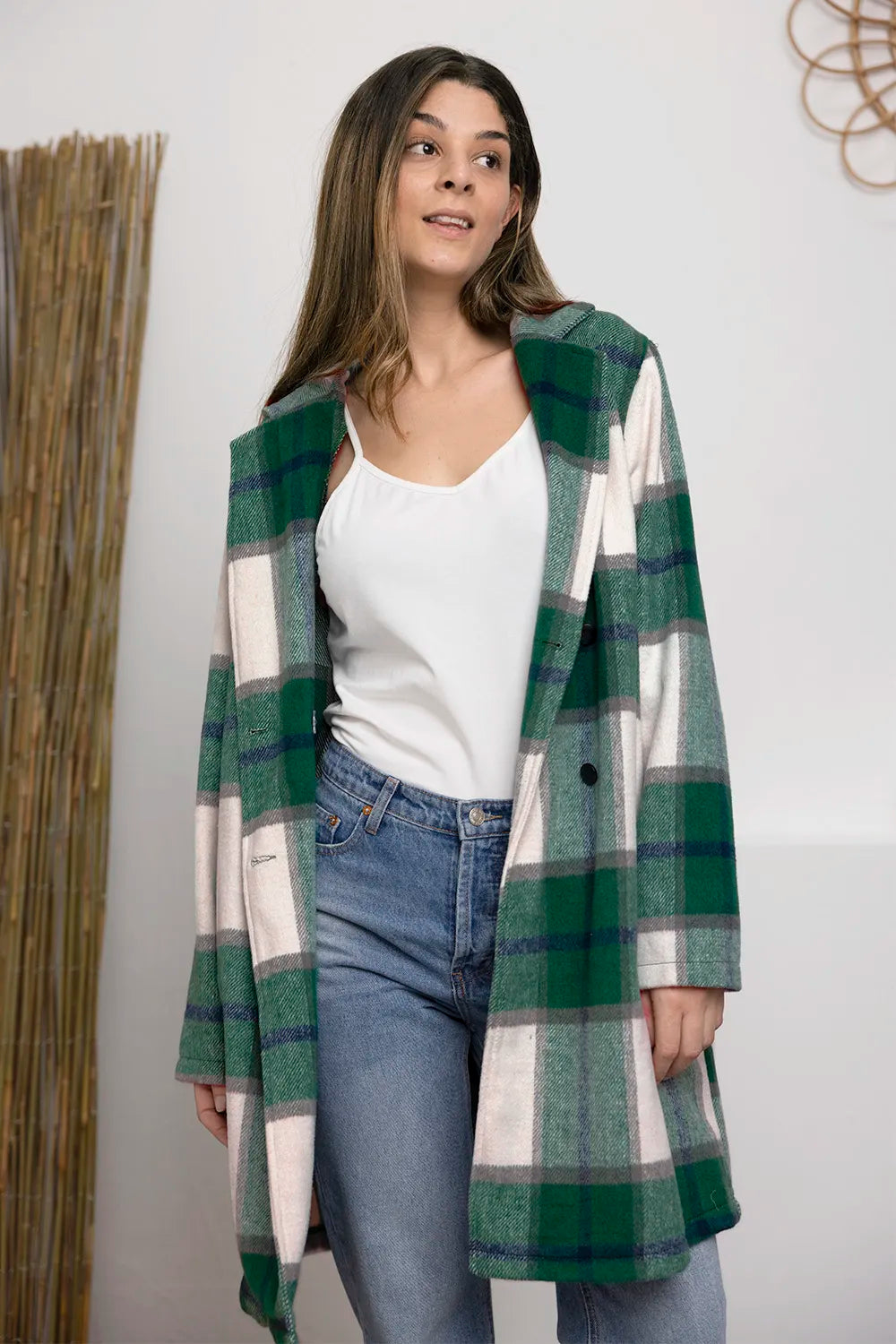 Double Take Full Size Plaid Button Up Lapel Collar Coat Green - Fashorio