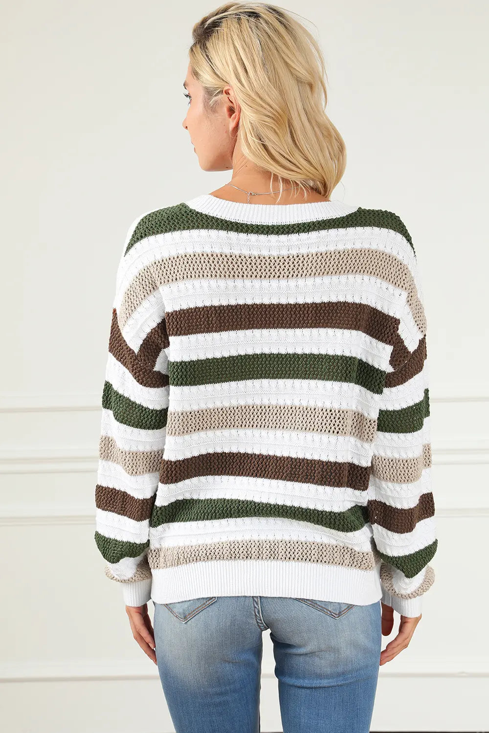 Striped Openwork Dropped Shoulder Sweater - Fashorio