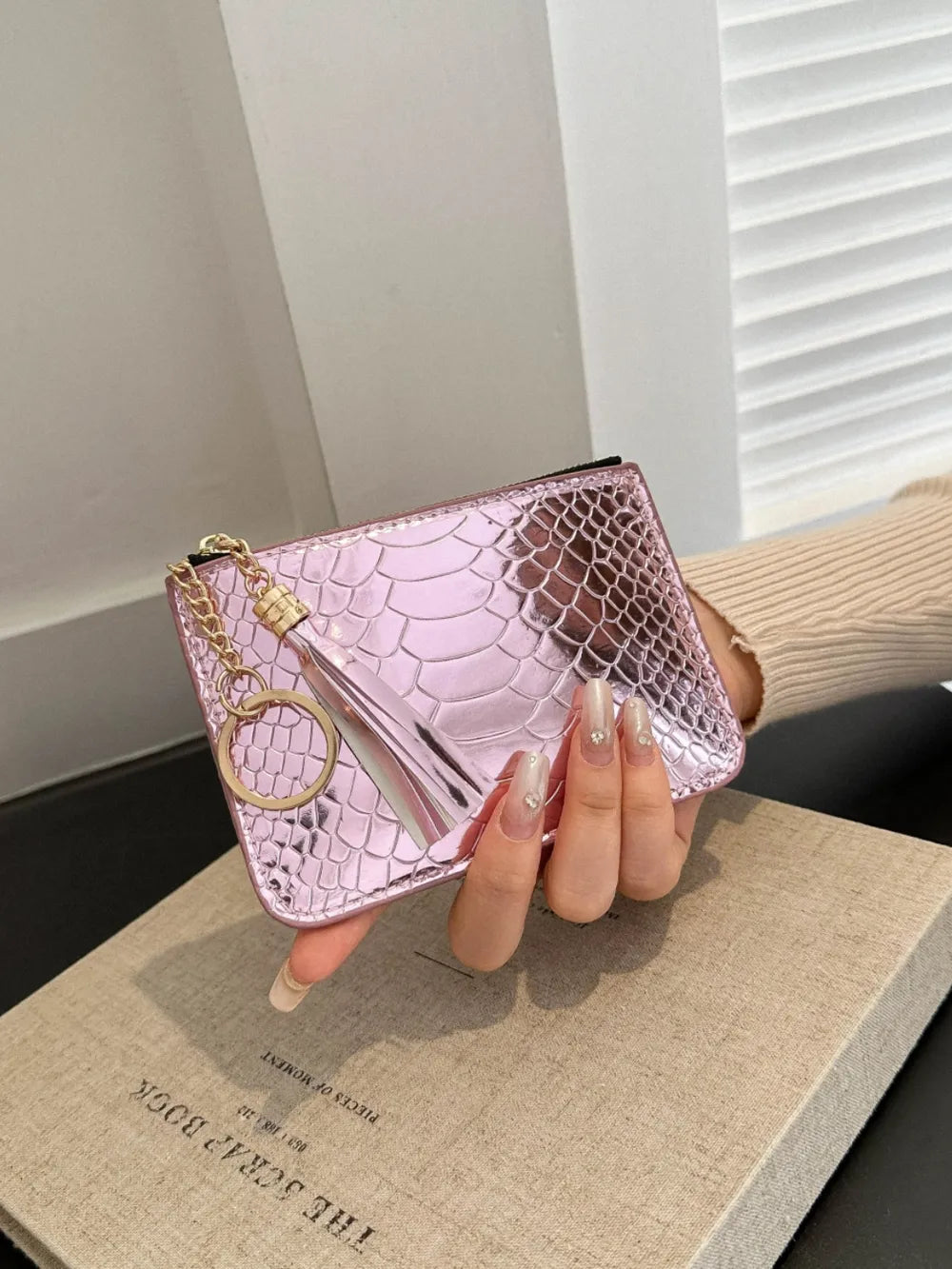 PU Leather Tassel Trim Card Case Pink Purple One Size - Fashorio