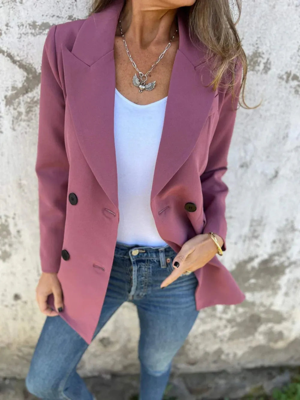 Full Size Collared Neck Long Sleeve Blazer Dusty Pink - Fashorio