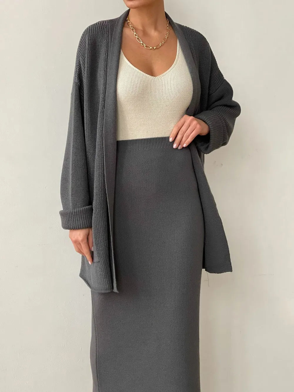 Pocketed Long Sleeve Cardigan and Skirt Sweater Set Dark Gray One Size - Fashorio