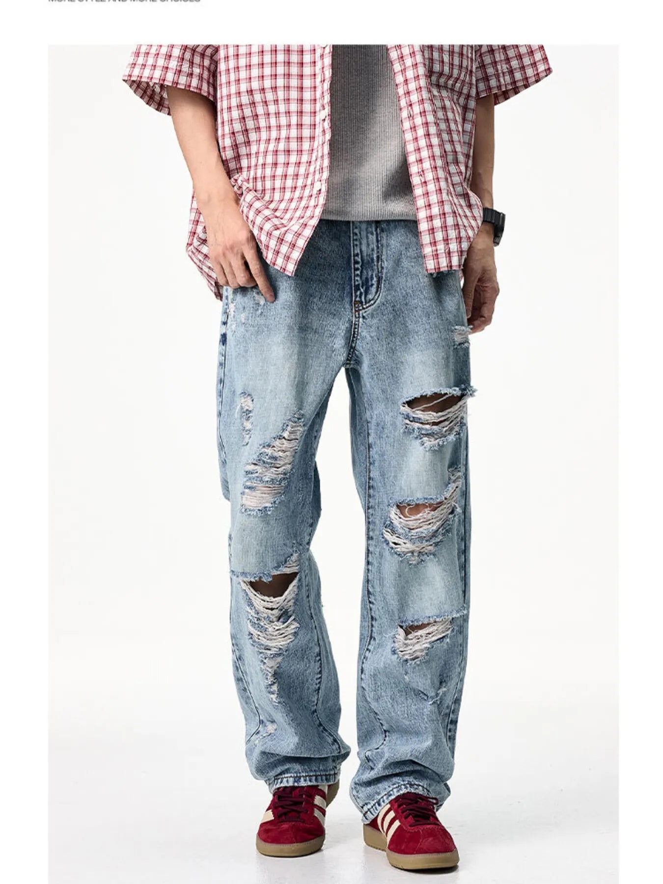 Men's Distressed Wide Leg Jeans Holy light blue - Fashorio