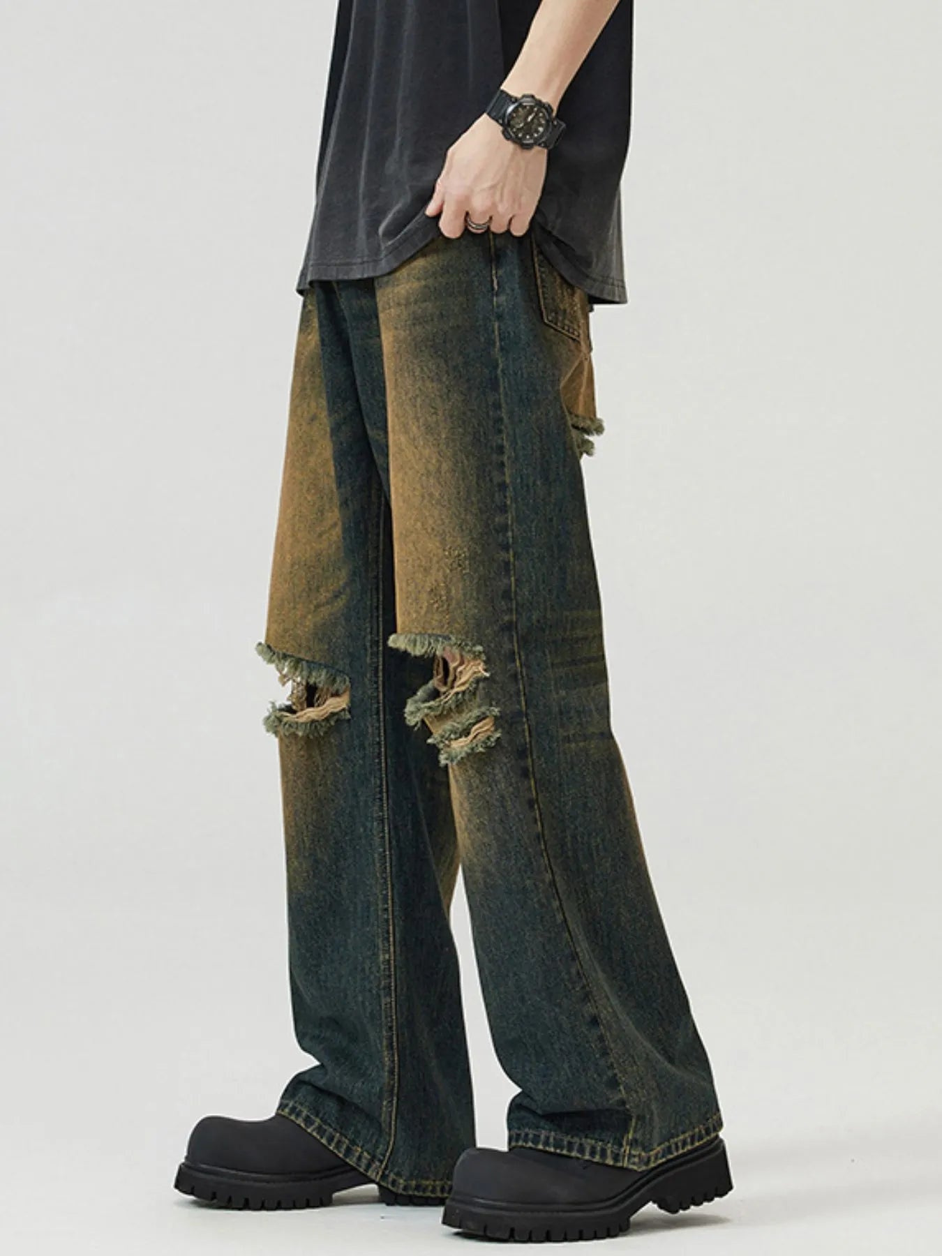 Men's Full Size Washed Distressed Wide Leg Jeans Plus Size - Fashorio