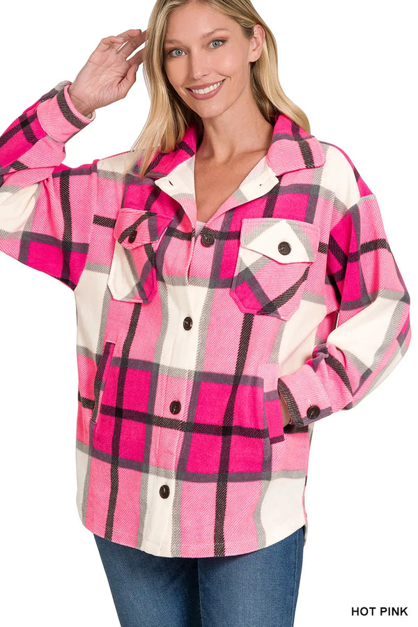 Women’s Oversized Pink Plaid Fleece Shacket with Pockets HOT PINK - Fashorio