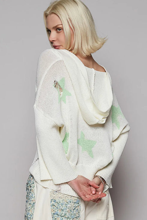 POL Distressed Lace-Up Star Pattern Hooded Hooded Sweater - Fashorio