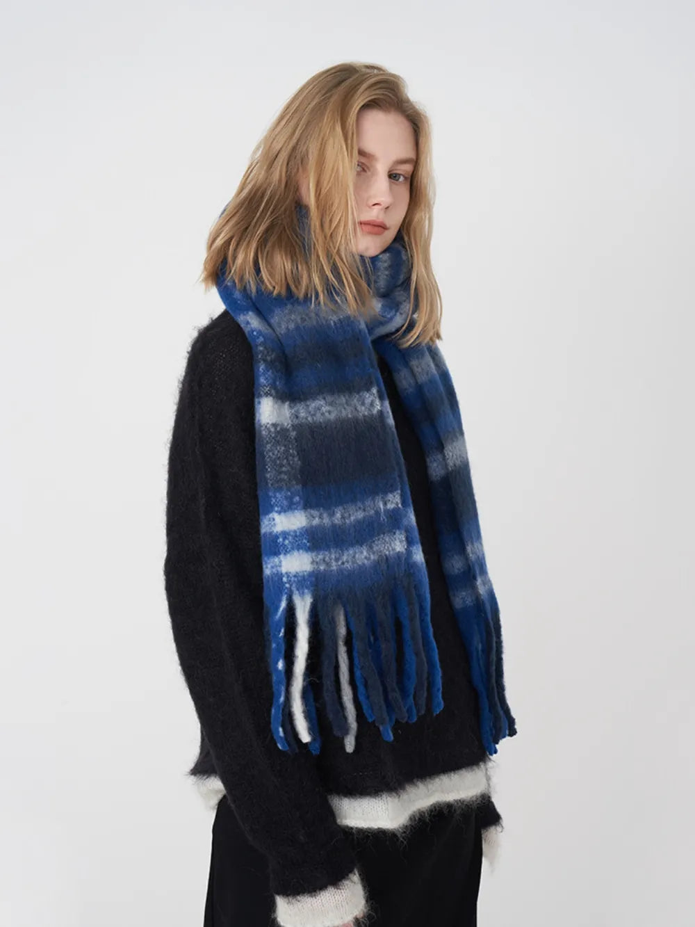 Fringe Plaid Polyester Scarf Blue White Gray plaid One Size - Fashorio