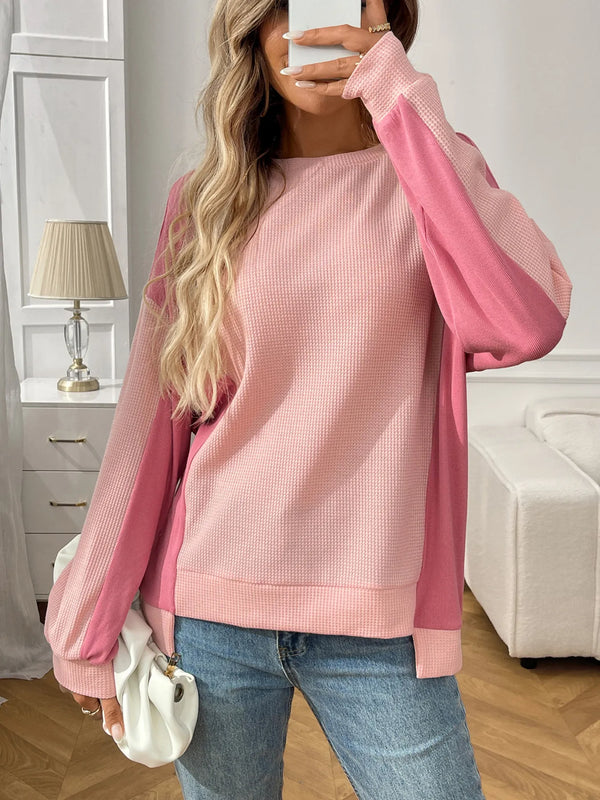 Color Block Long Sleeve Sweatshirt Pink - Fashorio