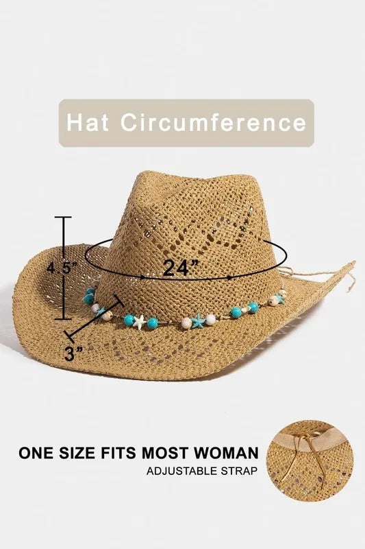 Fame Turquoise and Shell Star Beads Strap Western Straw Hat - Fashorio