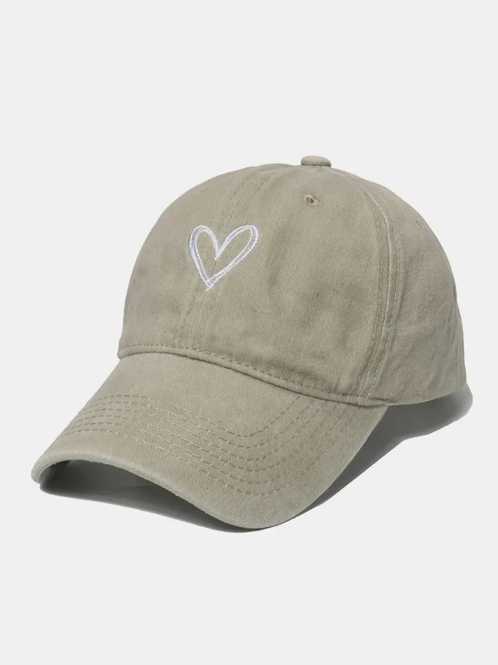 Embroidered Heart Washed Cotton Baseball Cap Beige One Size - Fashorio