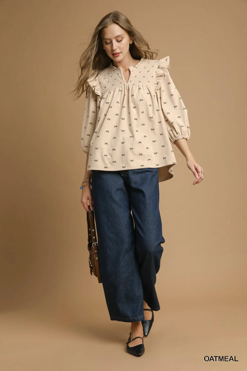 Umgee Bow Print Corduroy Puff Sleeve Blouse with Ruffled - Fashorio