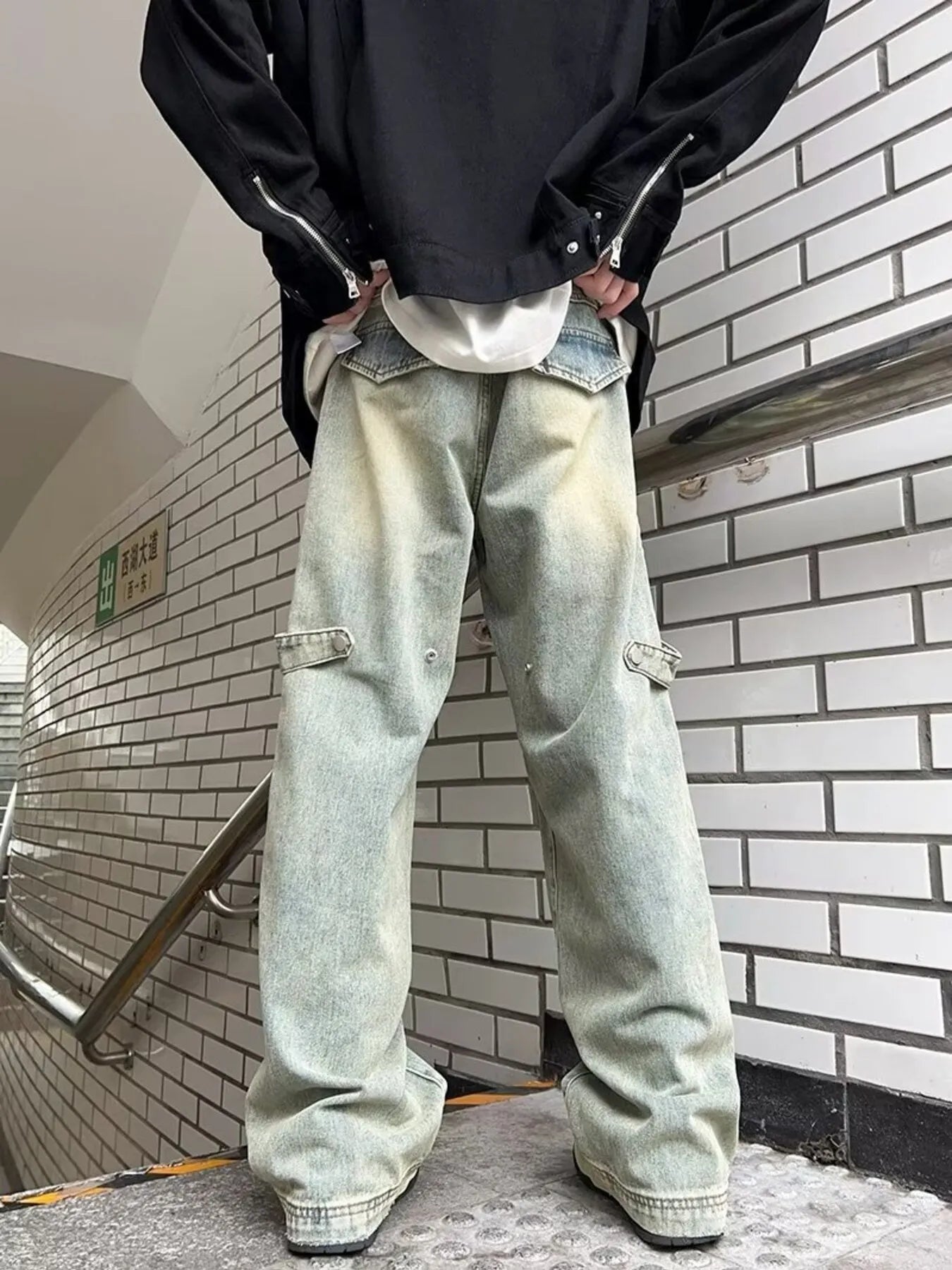 Men's Full Size Washed Wide Leg Baggy Cargo Jeans Plus Size - Fashorio