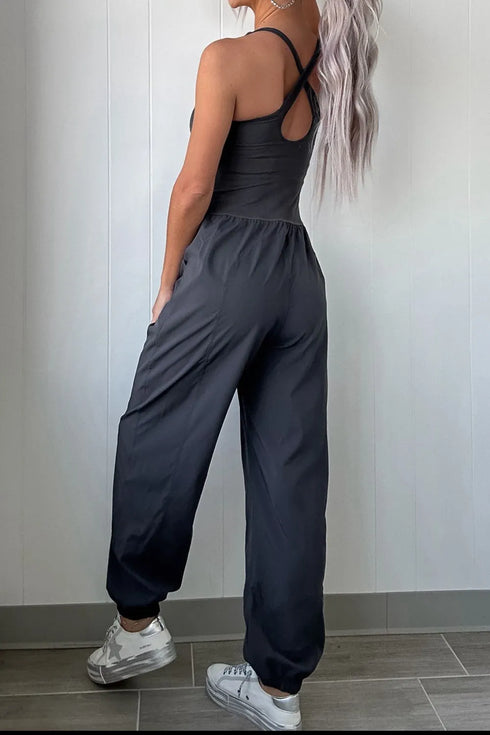 Cutout Square Neck Wide Strap Active Jumpsuit - Fashorio