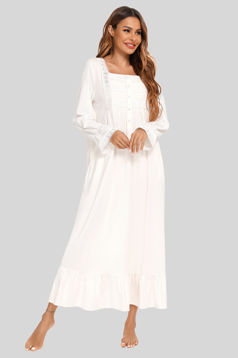Lace Detail Square Neck Flounce Sleeve Night Dress White - Fashorio