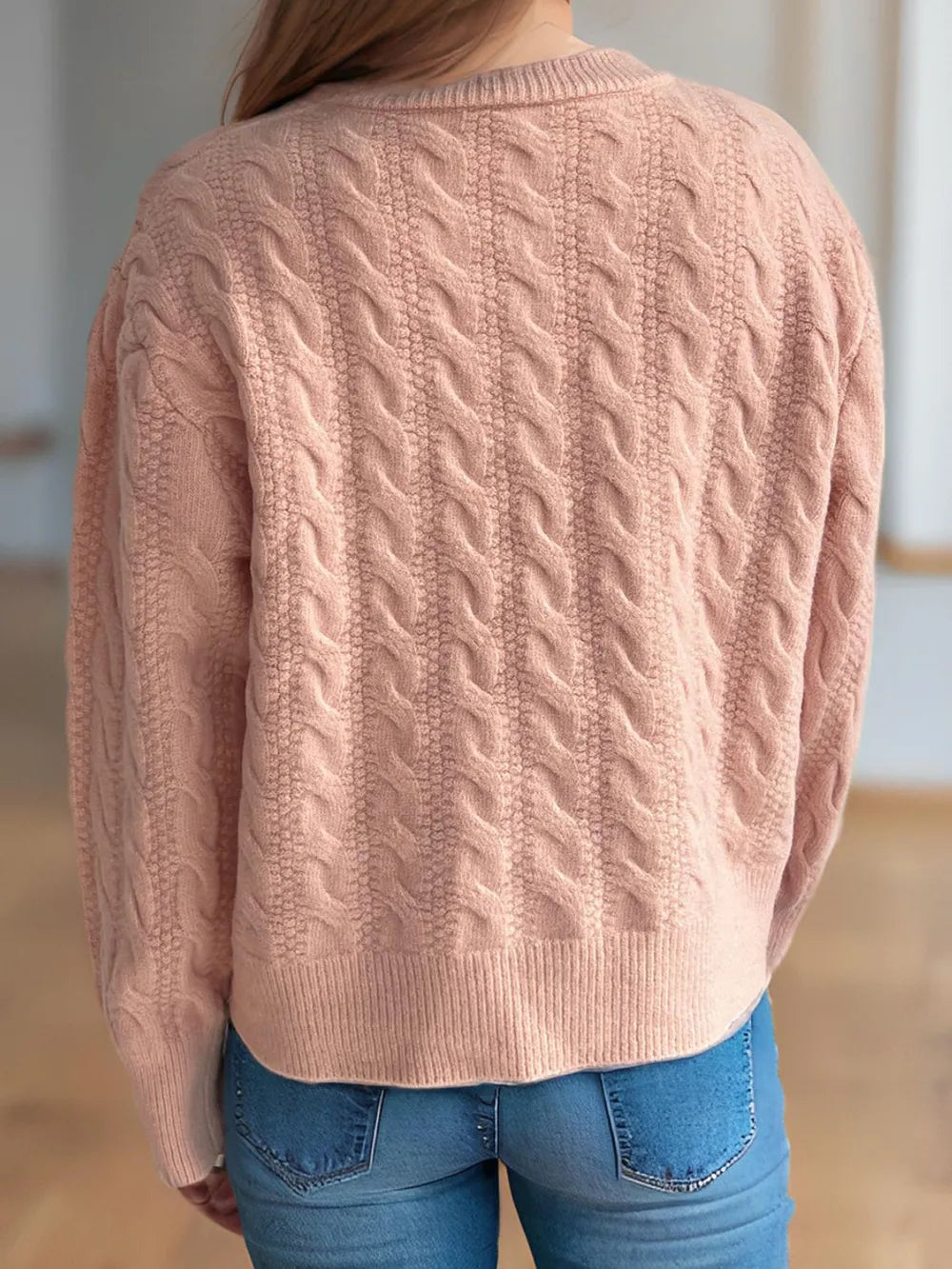 Cable-Knit Round Neck Long Sleeve Cardigan - Fashorio