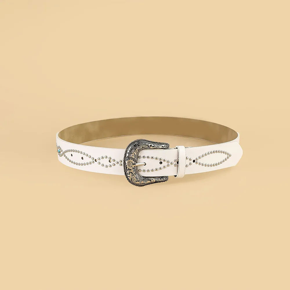 PU Leather Rhinestone Belt White - Fashorio
