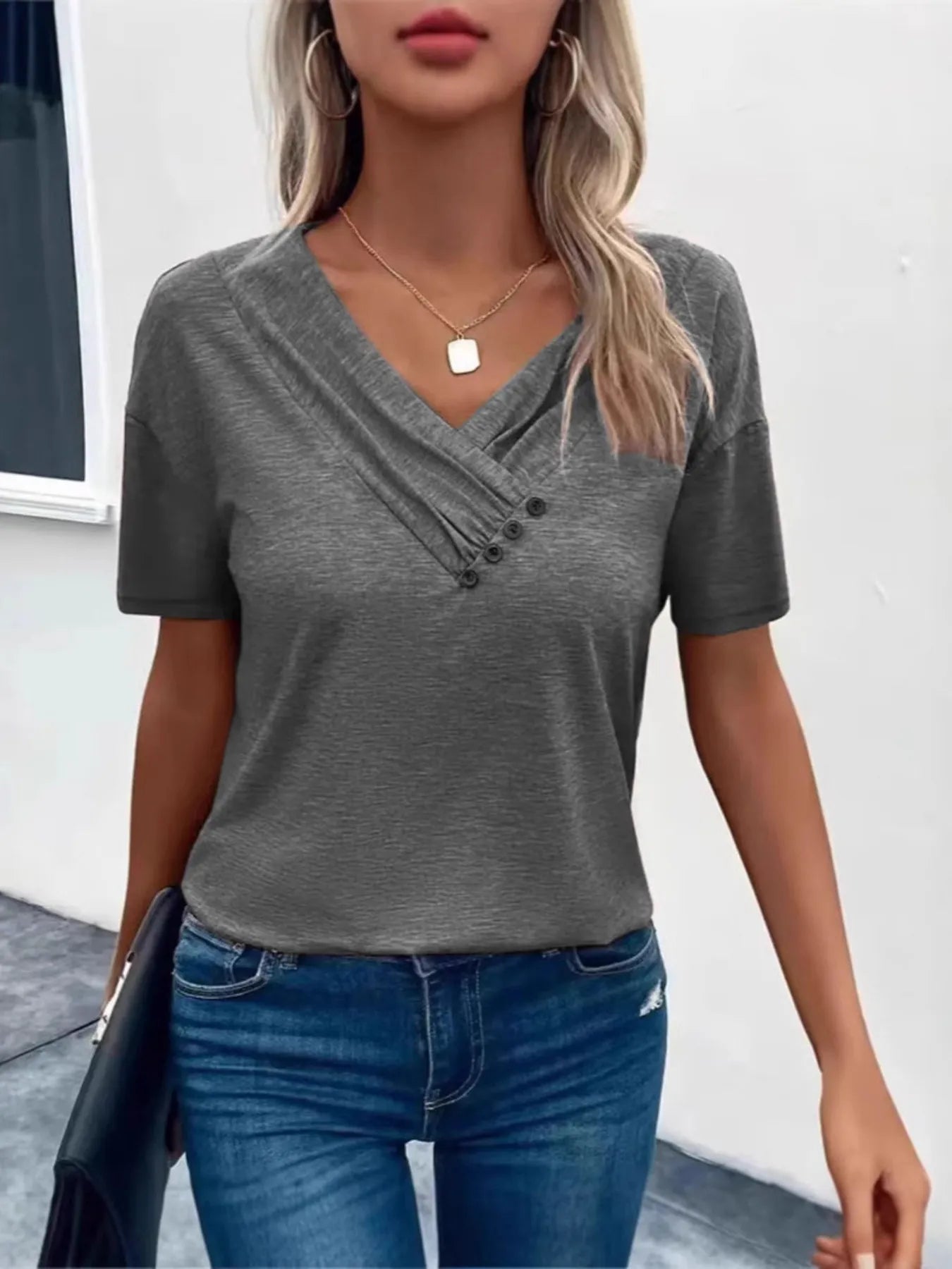 Short Sleeve V-Neck Ruched T-Shirt Dark Gray - Fashorio