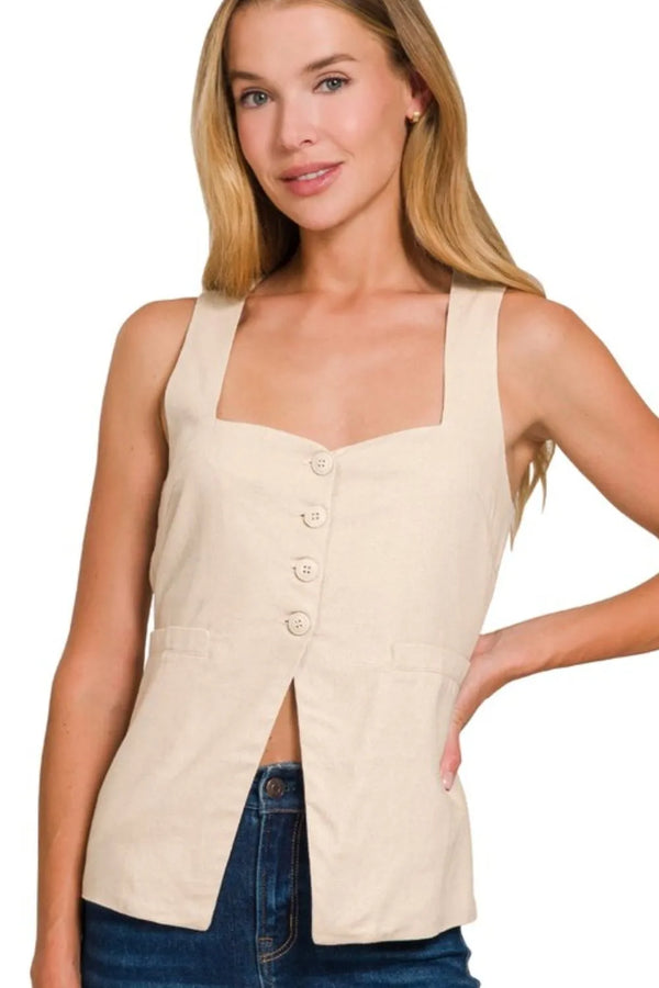 Zenana Linen Tie-back 4-button Vest with Lining SAND BEIGE - Fashorio