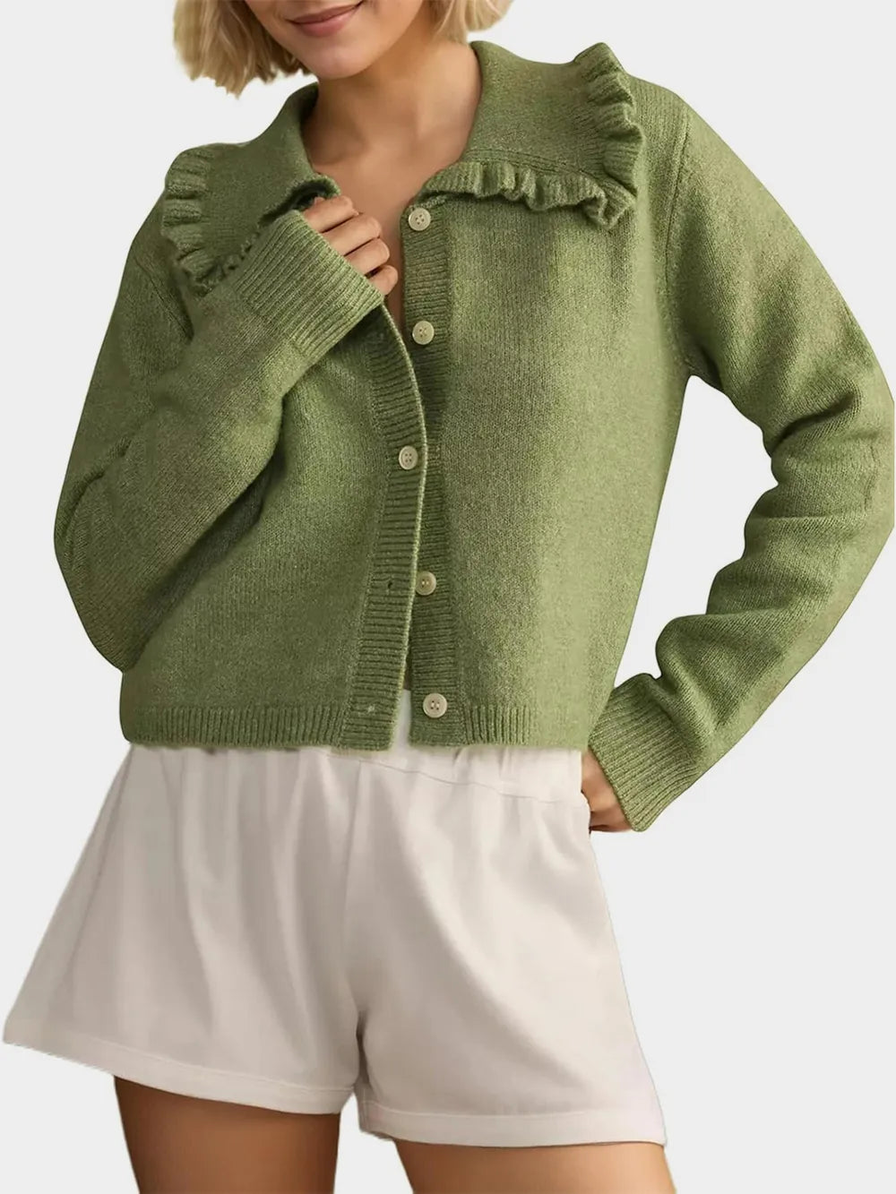 Frill Button Up Collared Neck Long Sleeve Cardigan - Fashorio