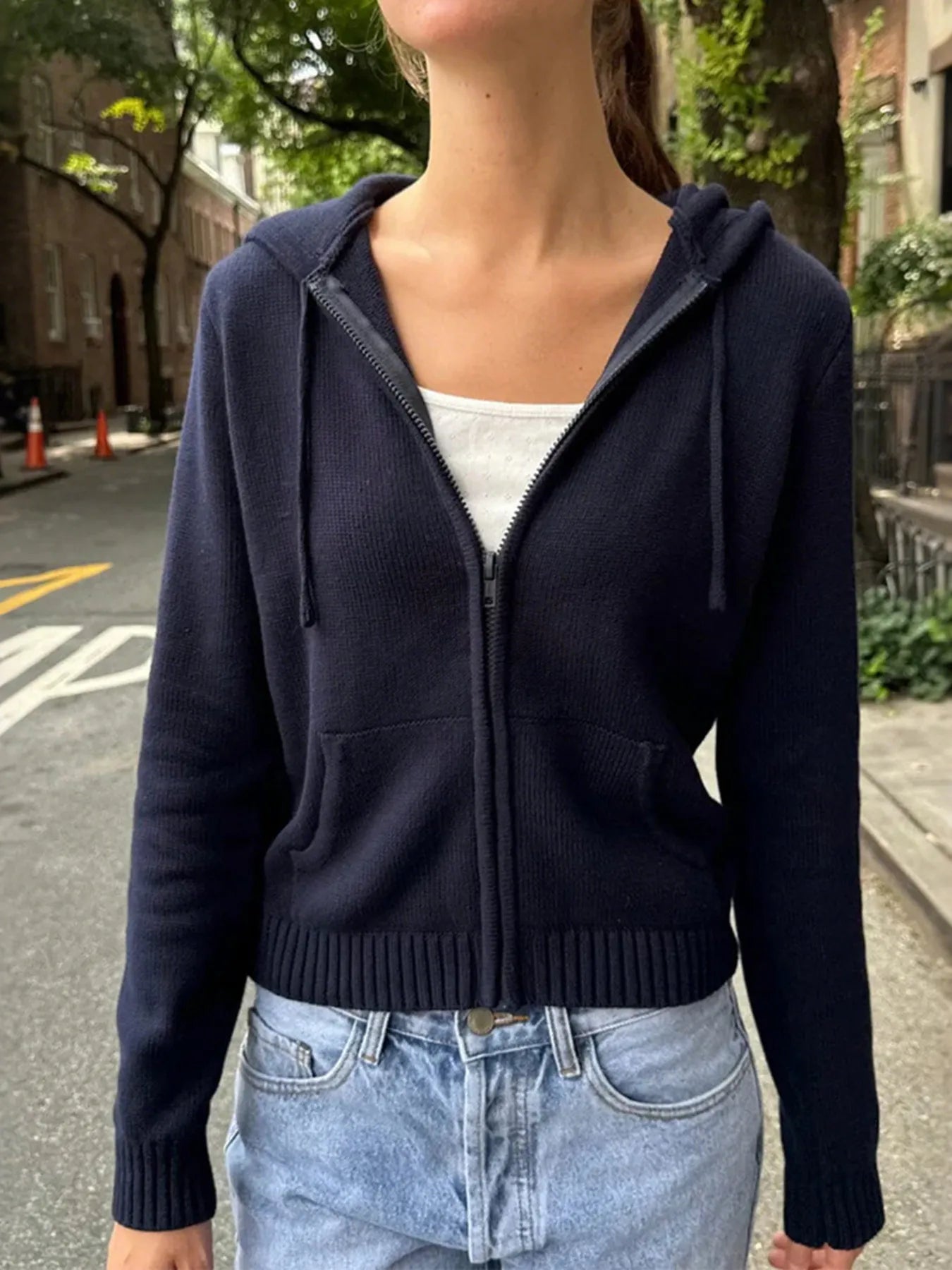 Drawstring Zip Up Long Sleeve Cardigan Navy - Fashorio