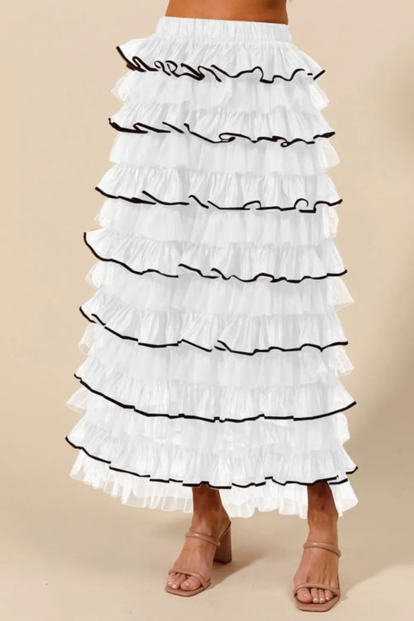 SO ME Layered Ruffled Tulle Maxi Skirt IVORY - Fashorio