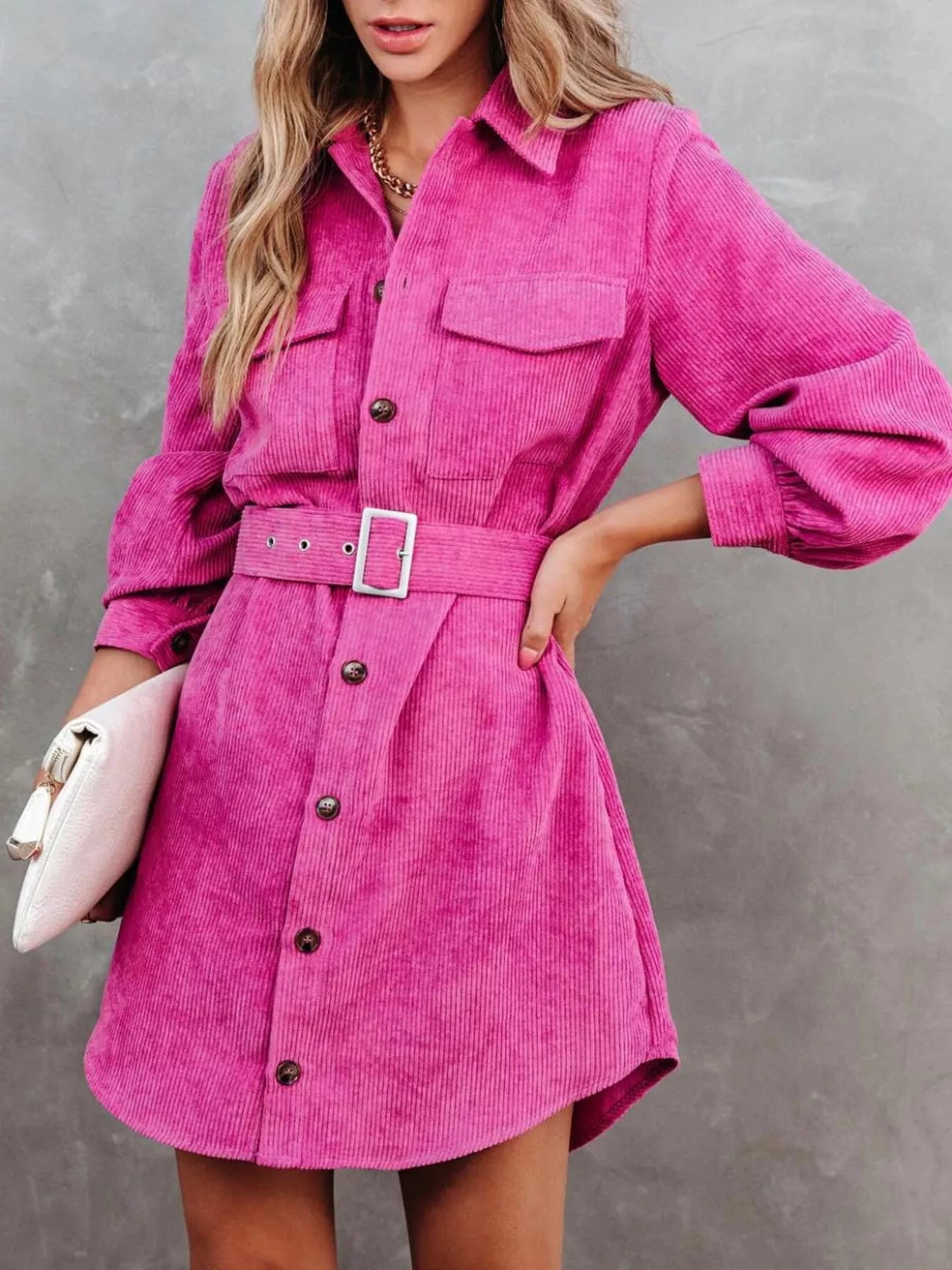 Button Front Belt Long Sleeve Corduroy Dress - Fashorio