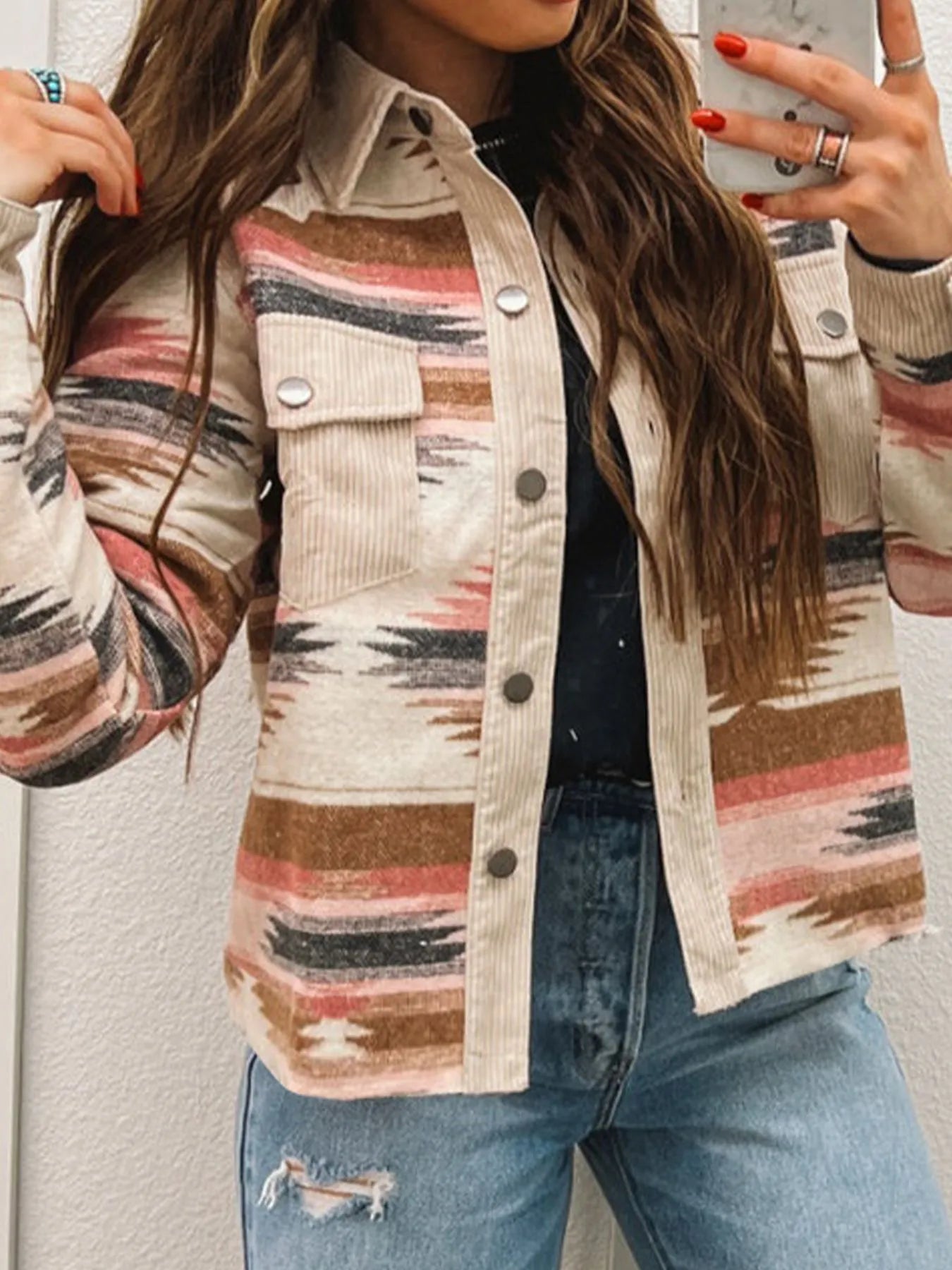 Corduroy Hem Striped Button-Up Jacket – Casual Long Sleeve - Fashorio