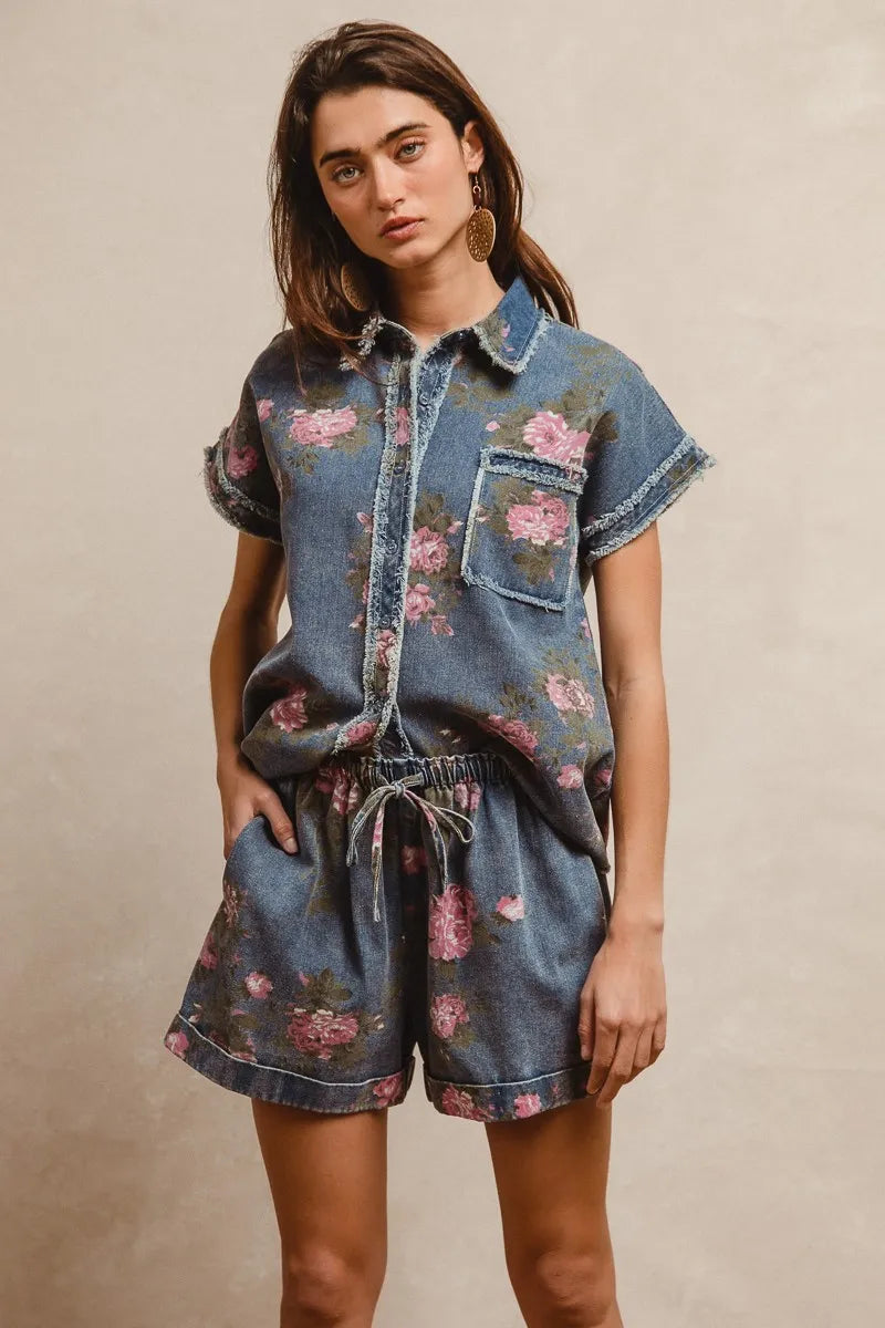 BiBi Floral Printed Denim Short Pants With Pocket - Fashorio